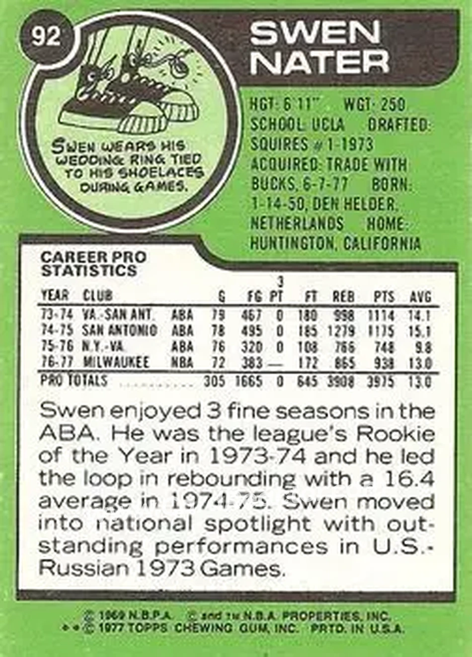 1977-78 Topps - White Backs #92 - Swen Nater - Buffalo Braves - Back
