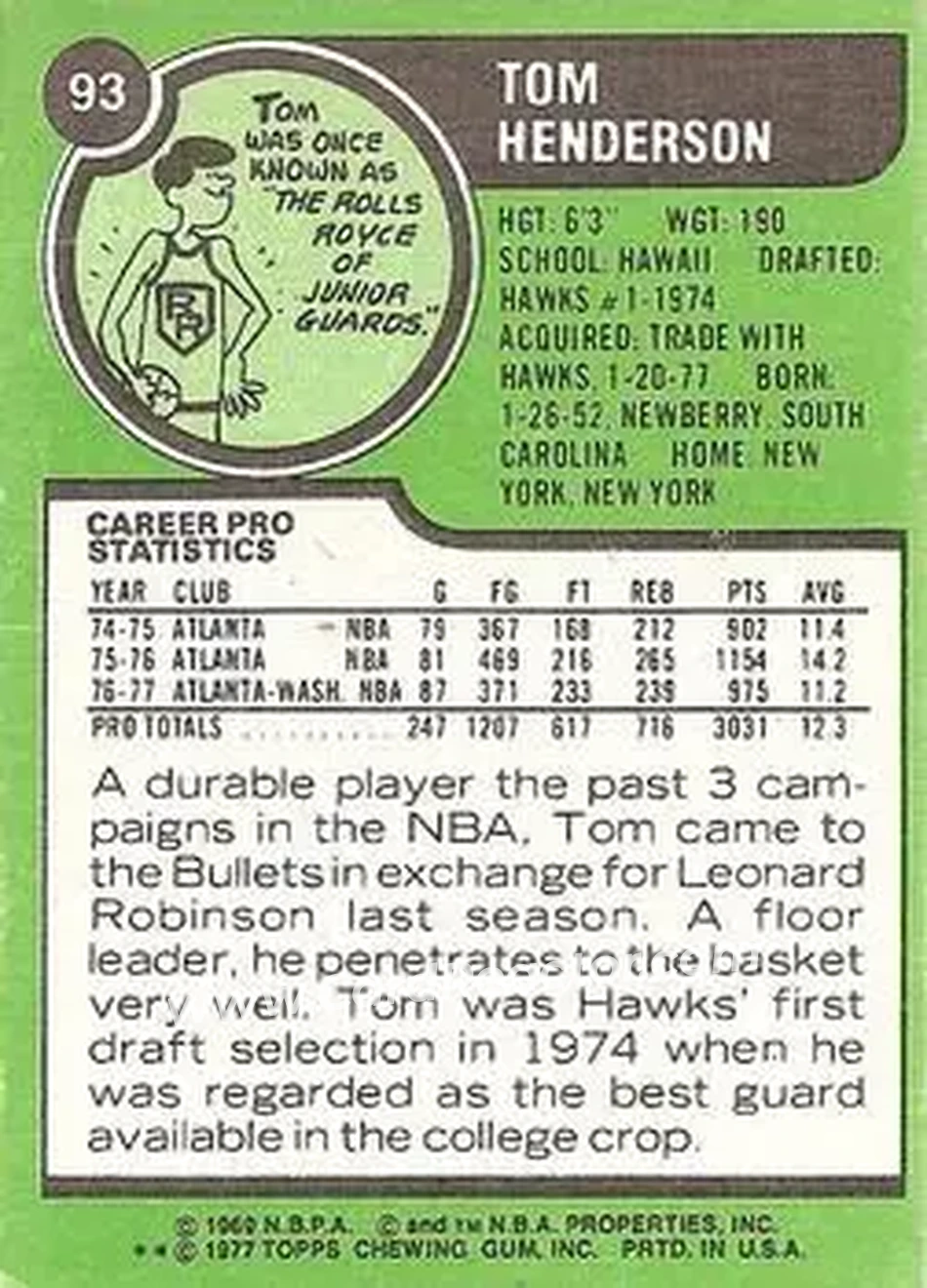 1977-78 Topps - White Backs #93 - Tom Henderson - Washington Bullets - Back