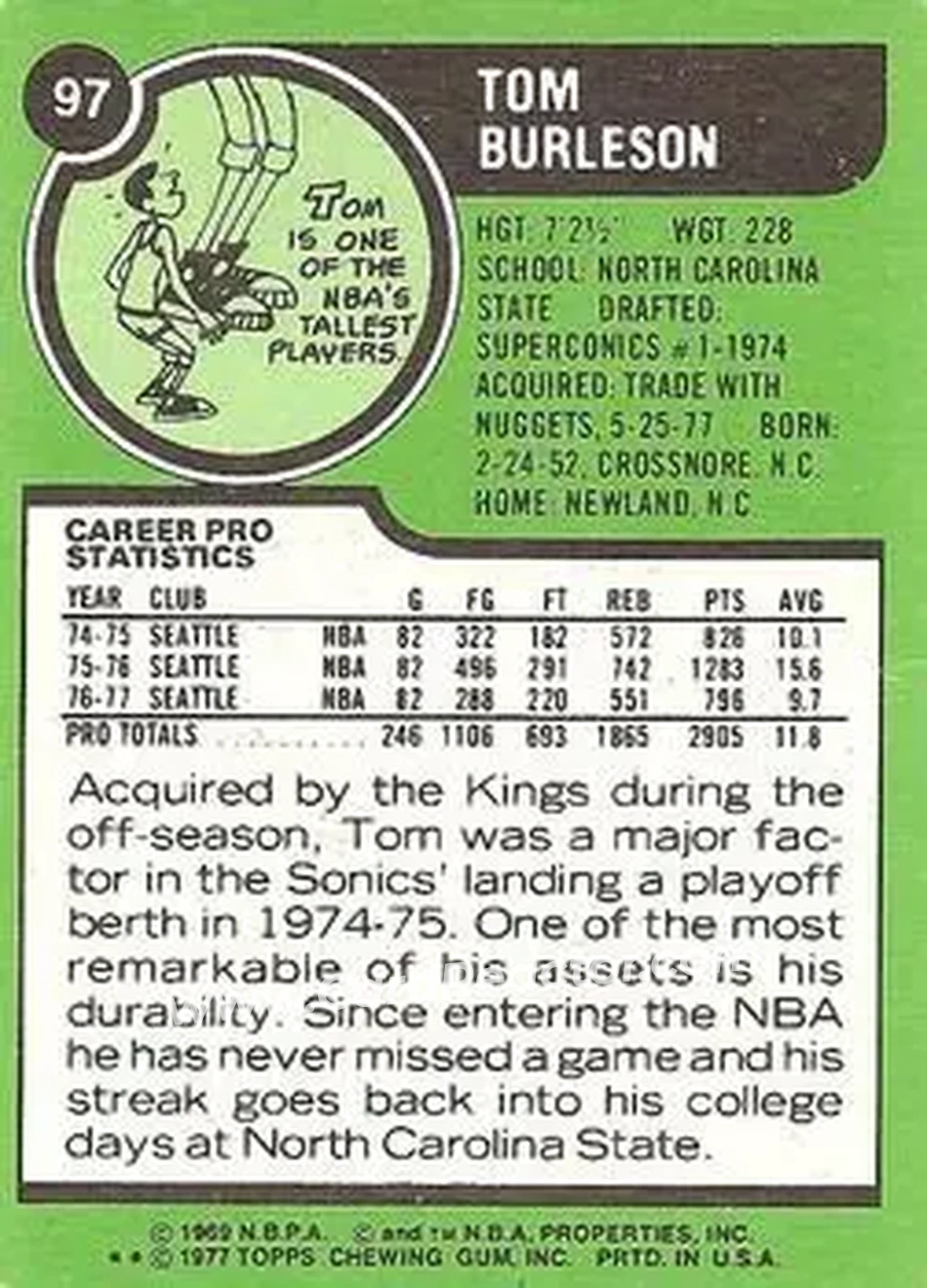 1977-78 Topps - White Backs #97 - Tom Burleson - Kansas City Kings - Back
