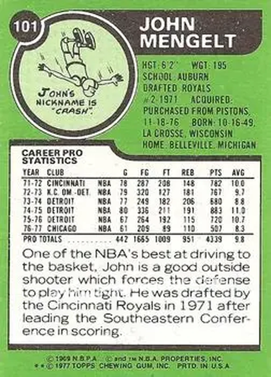 1977-78 Topps - White Backs #101 - John Mengelt - Chicago Bulls - Back