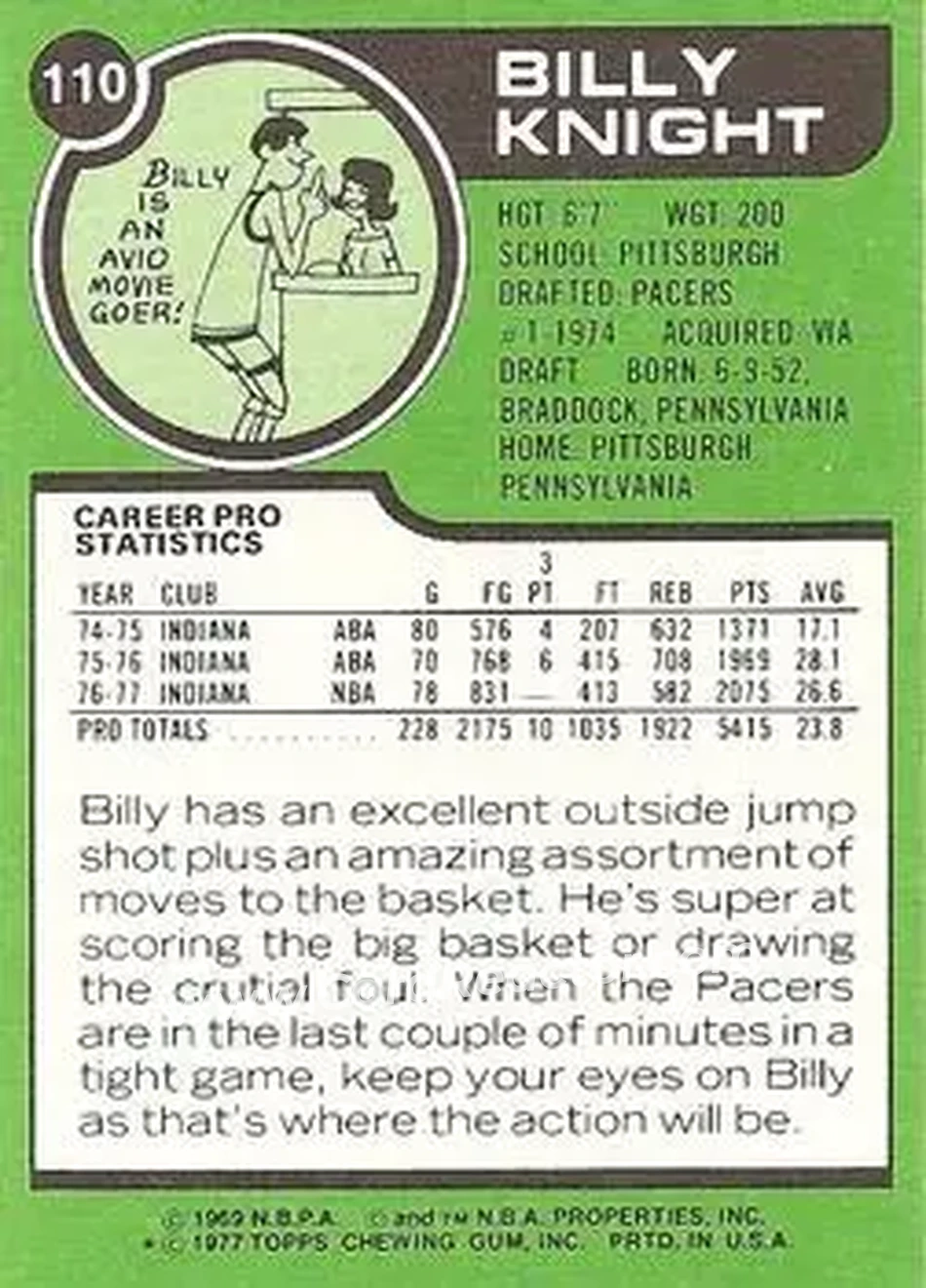 1977-78 Topps - White Backs #110 - Billy Knight - Indiana Pacers - Back