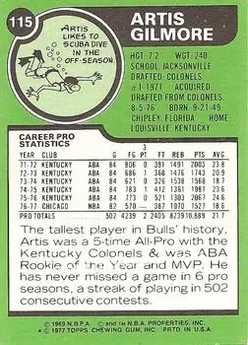 1977-78 Topps - White Backs #115 - Artis Gilmore - Chicago Bulls - Back 1977-78 Topps - White Backs #115 - Artis Gilmore - Chicago Bulls - Back