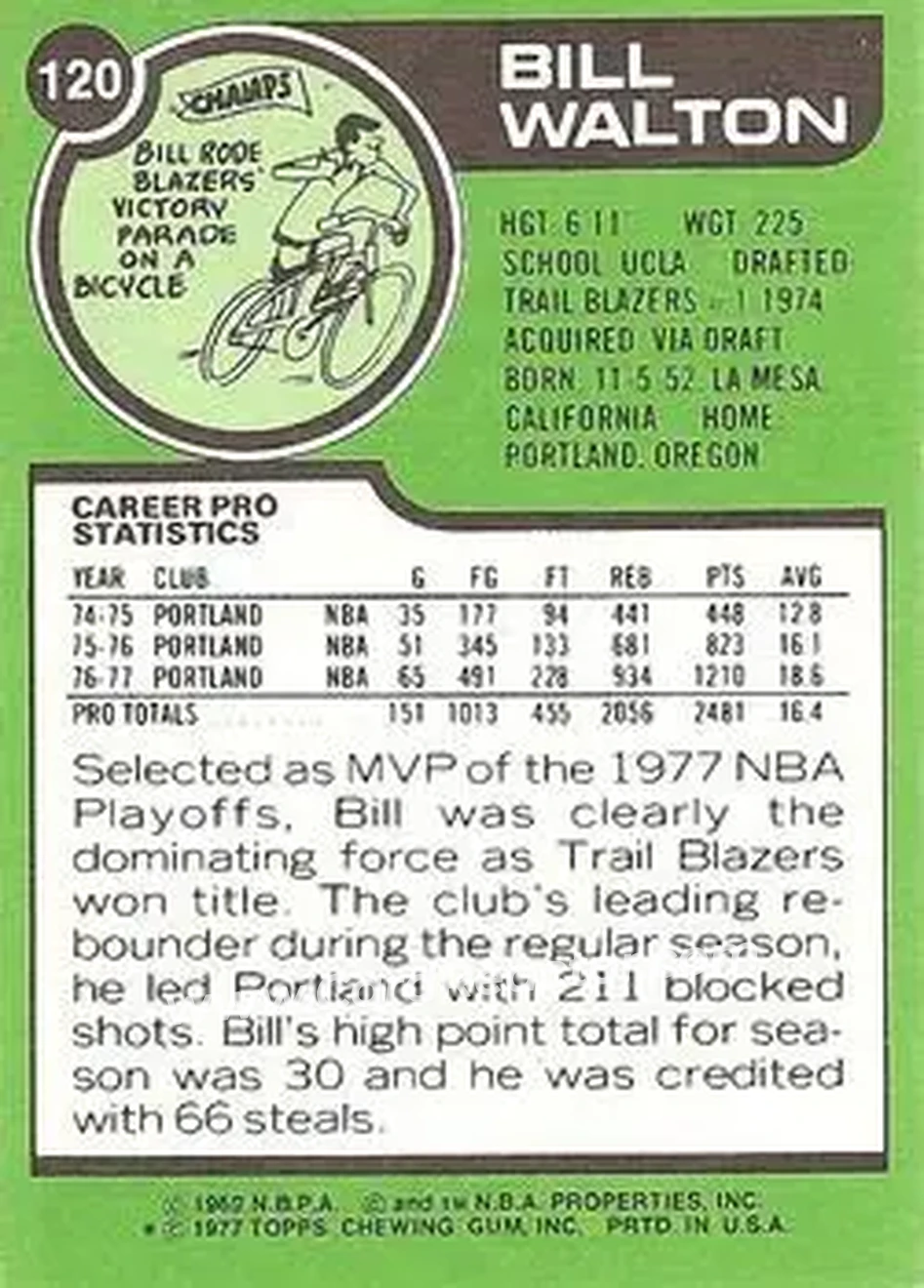 1977-78 Topps - White Backs #120 - Bill Walton - Portland Trail Blazers - Back