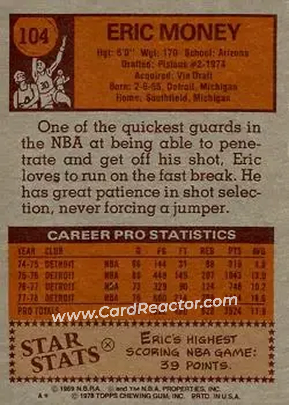 1978-79 Topps #104 - Eric Money - Detroit Pistons - Back