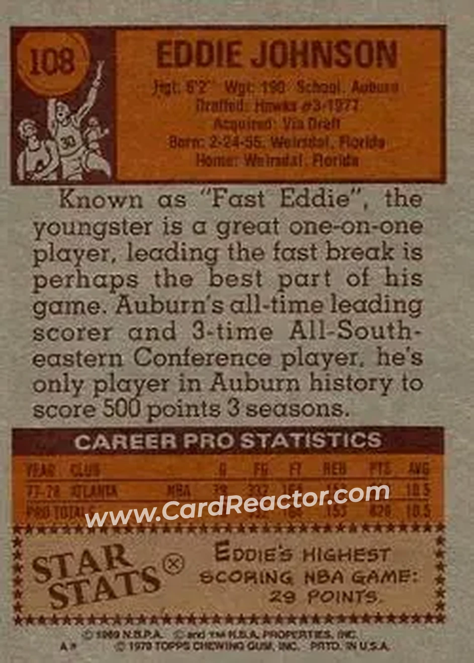1978-79 Topps #108 - Eddie Johnson - Atlanta Hawks - Back