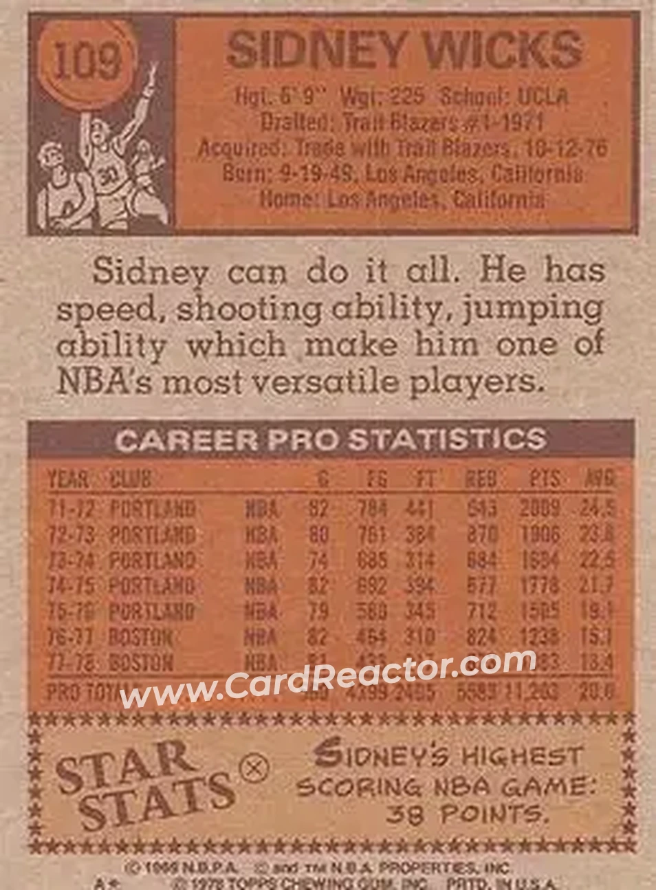 1978-79 Topps #109 - Sidney Wicks - Boston Celtics - Back