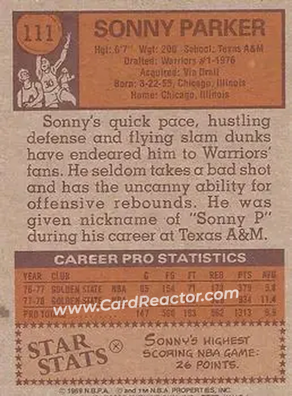 1978-79 Topps #111 - Sonny Parker - Golden State Warriors - Back