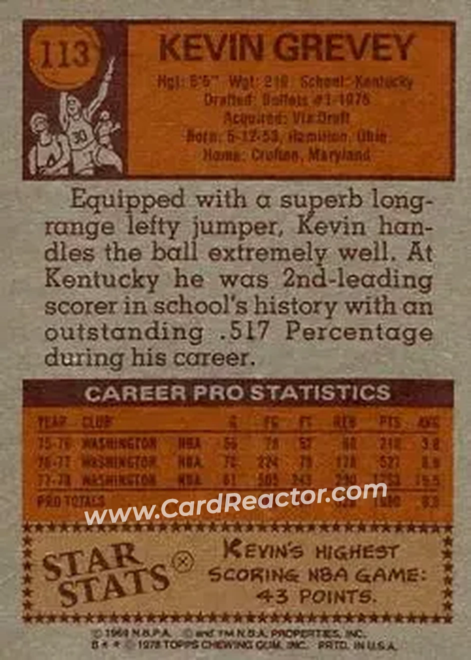 1978-79 Topps #113 - Kevin Grevey - Washington Bullets - Back
