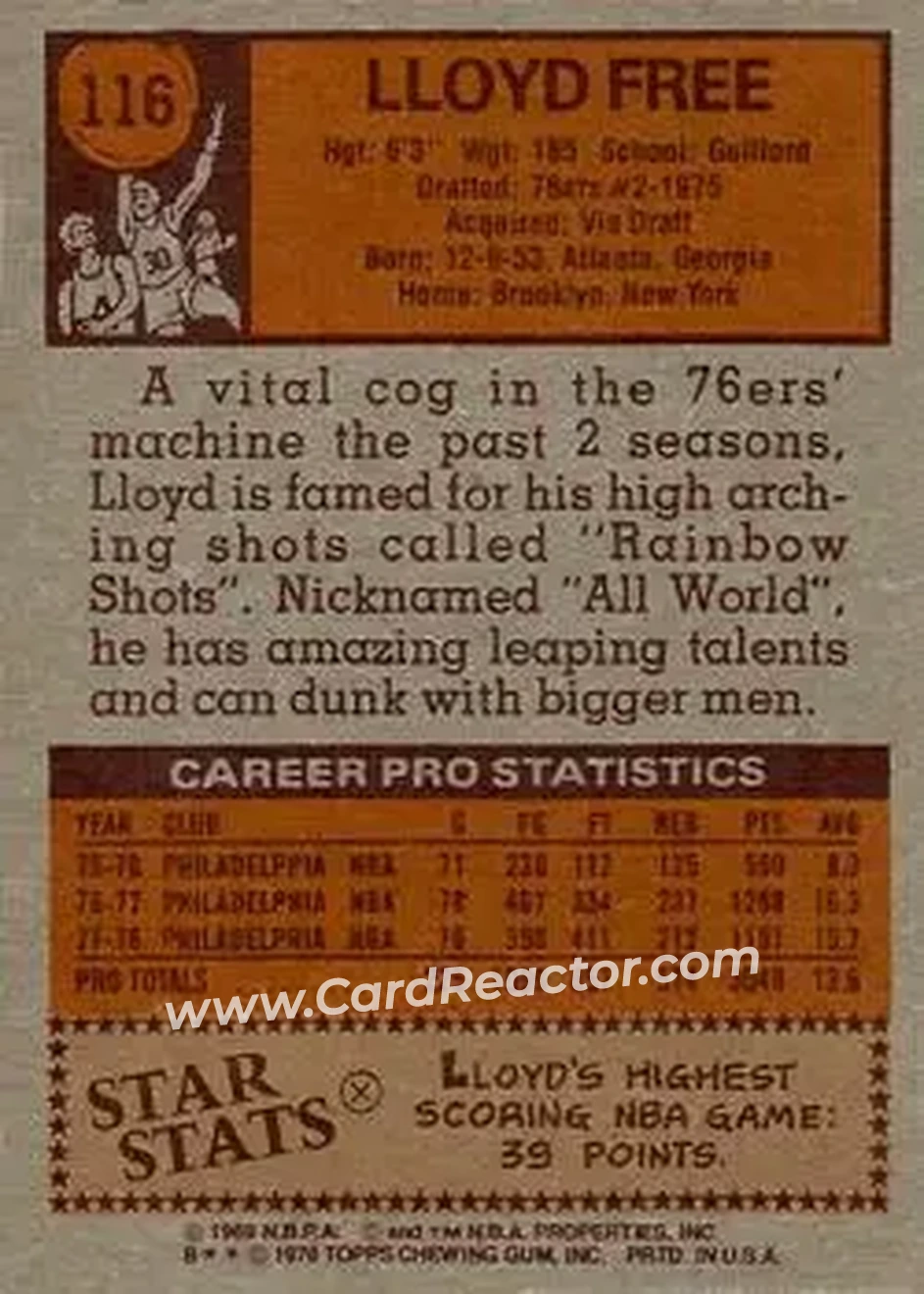 1978-79 Topps #116 - World B. Free - Philadelphia 76ers - Back