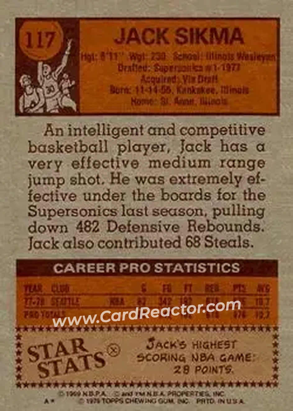 1978-79 Topps #117 - Jack Sikma - Seattle SuperSonics - Back