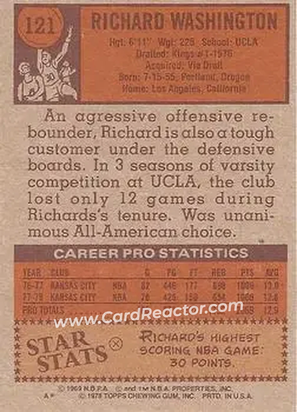 1978-79 Topps #121 - Richard Washington - Kansas City Kings - Back