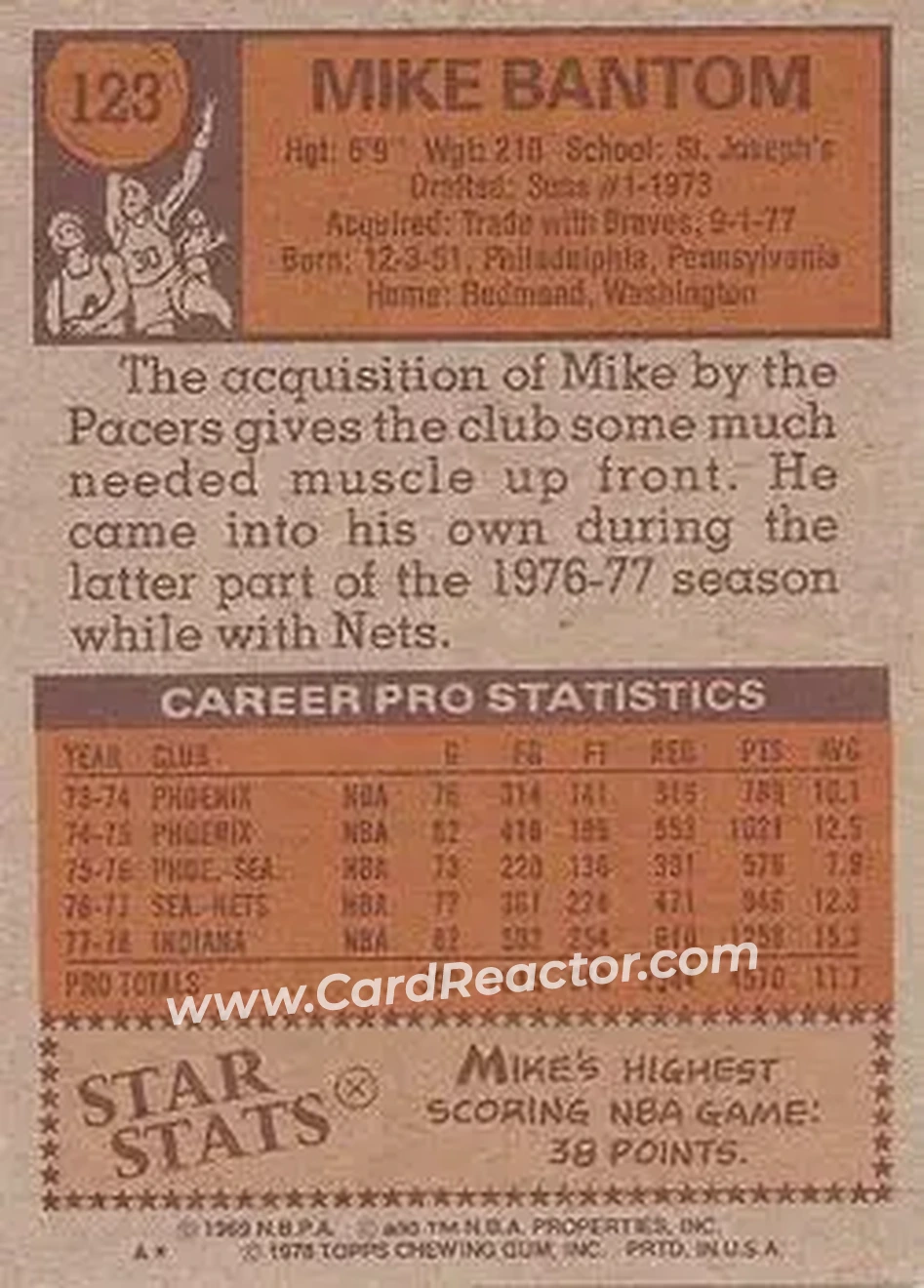 1978-79 Topps #123 - Mike Bantom - Indiana Pacers - Back
