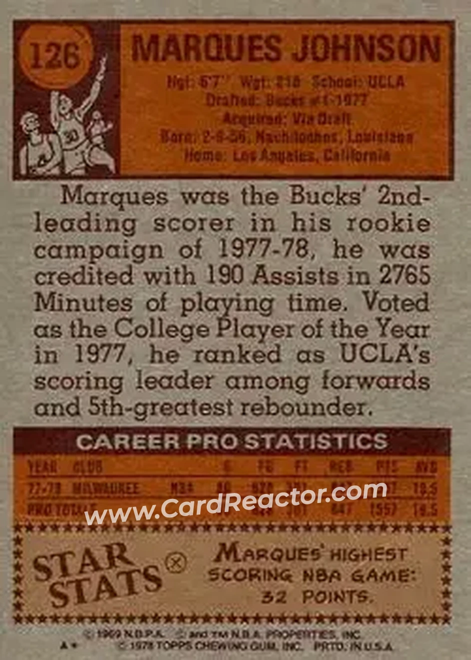 1978-79 Topps #126 - Marques Johnson - Milwaukee Bucks - Back