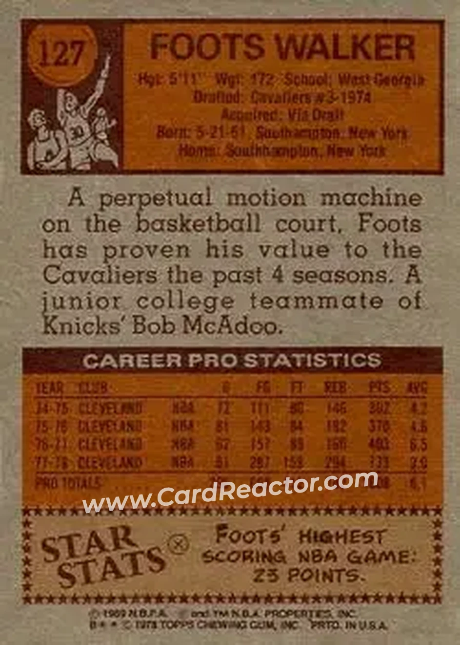 1978-79 Topps #127 - Foots Walker - Cleveland Cavaliers - Back