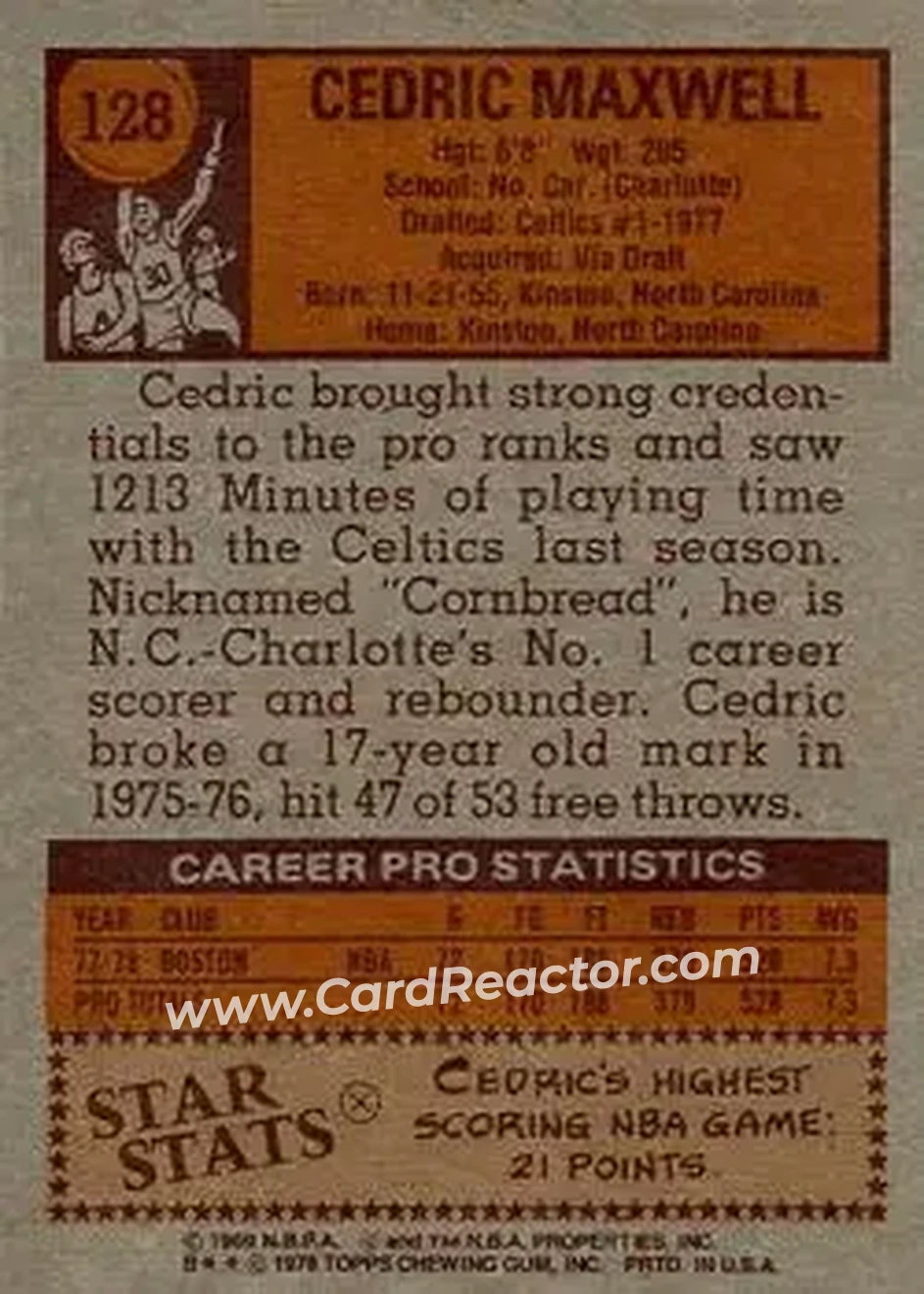 1978-79 Topps #128 - Cedric Maxwell - Boston Celtics - Back