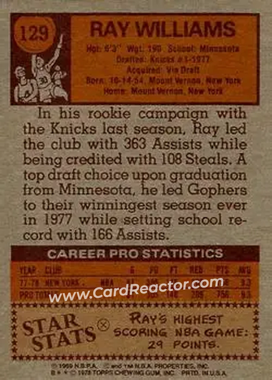 1978-79 Topps #129 - Ray Williams - New York Knicks - Back