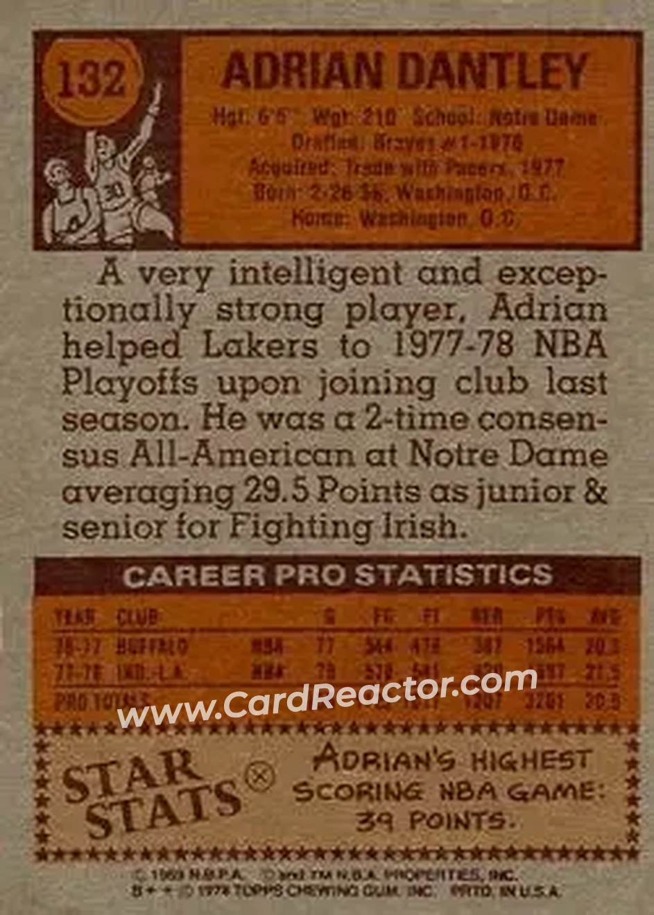 1978-79 Topps #132 - Adrian Dantley - Los Angeles Lakers - Back
