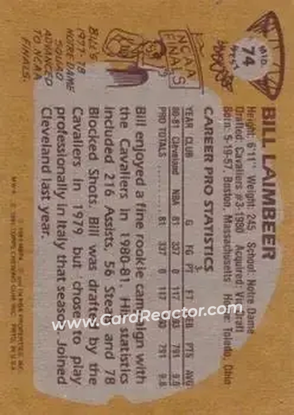 1981-82 Topps #MW74 - Bill Laimbeer - Cleveland Cavaliers - Back