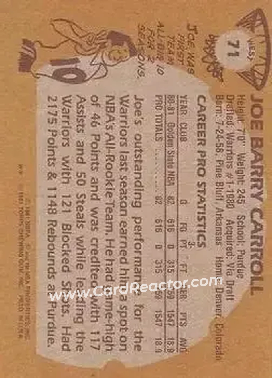 1981-82 Topps #W71 - Joe Barry Carroll - Golden State Warriors - Back