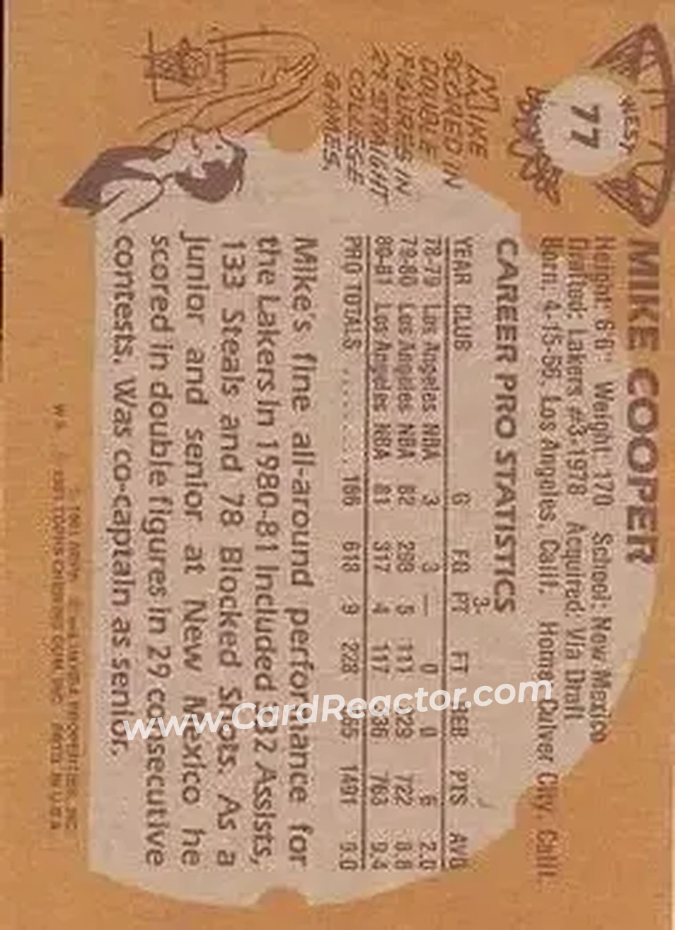 1981-82 Topps #W77 - Michael Cooper - Los Angeles Lakers - Back