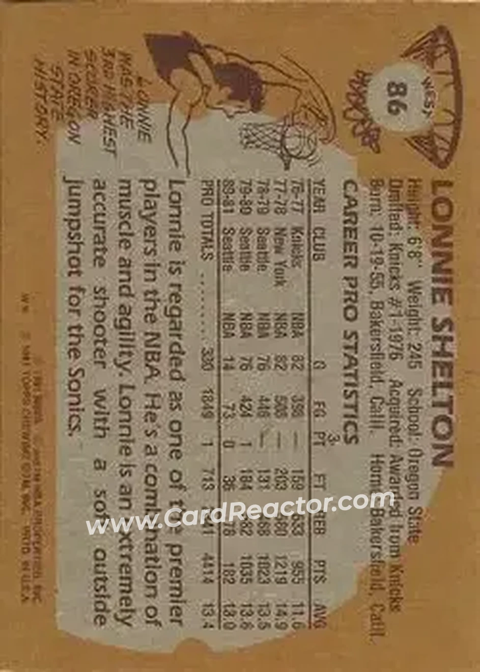 1981-82 Topps #W86 - Lonnie Shelton - Seattle SuperSonics - Back 1981-82 Topps #W86 - Lonnie Shelton - Seattle SuperSonics - Back