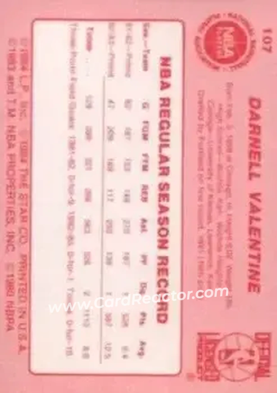 1983-84 Star #107 - Darnell Valentine - Portland Trail Blazers - Back 1983-84 Star #107 - Darnell Valentine - Portland Trail Blazers - Back
