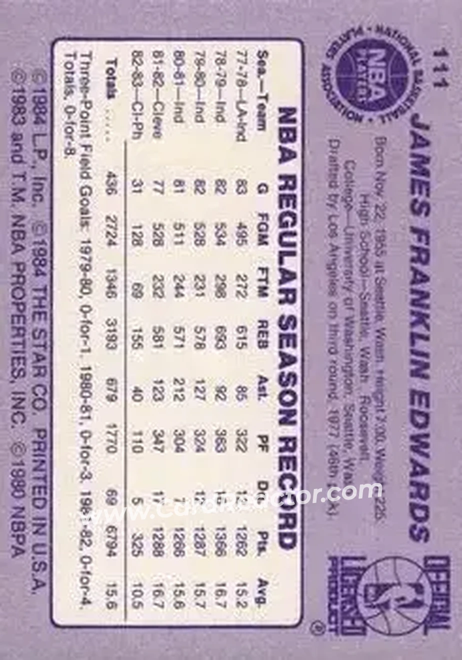 1983-84 Star #111 - James Edwards - Phoenix Suns - Back