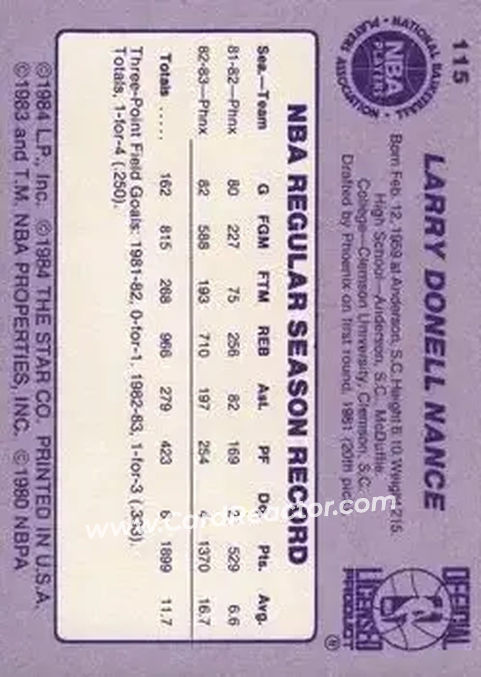 1983-84 Star #115 - Larry Nance - Phoenix Suns - Back