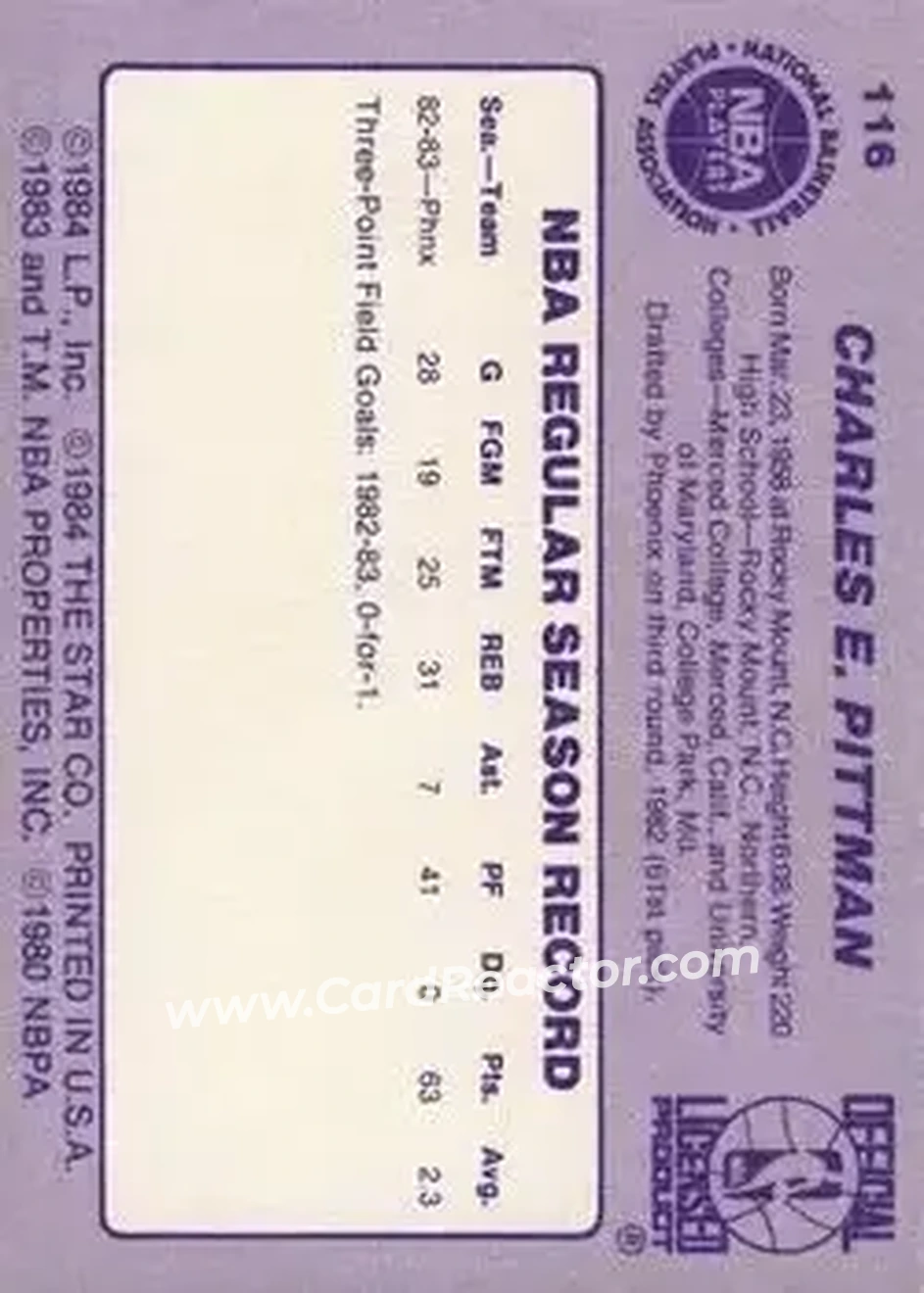 1983-84 Star #116 - Charles Pittman - Phoenix Suns - Back 1983-84 Star #116 - Charles Pittman - Phoenix Suns - Back