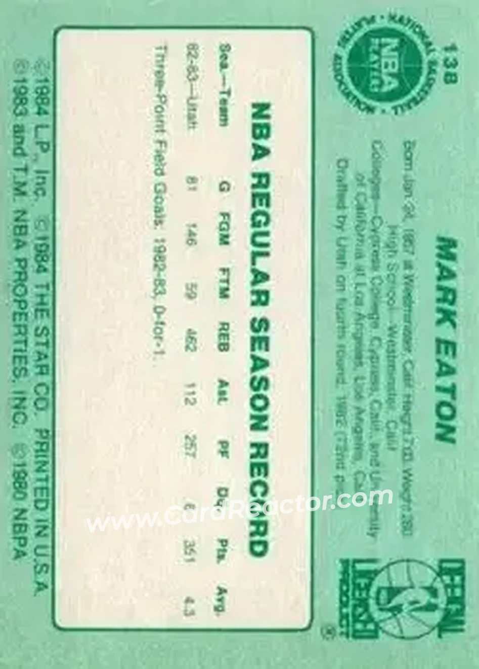 1983-84 Star #138 - Mark Eaton - Utah Jazz - Back