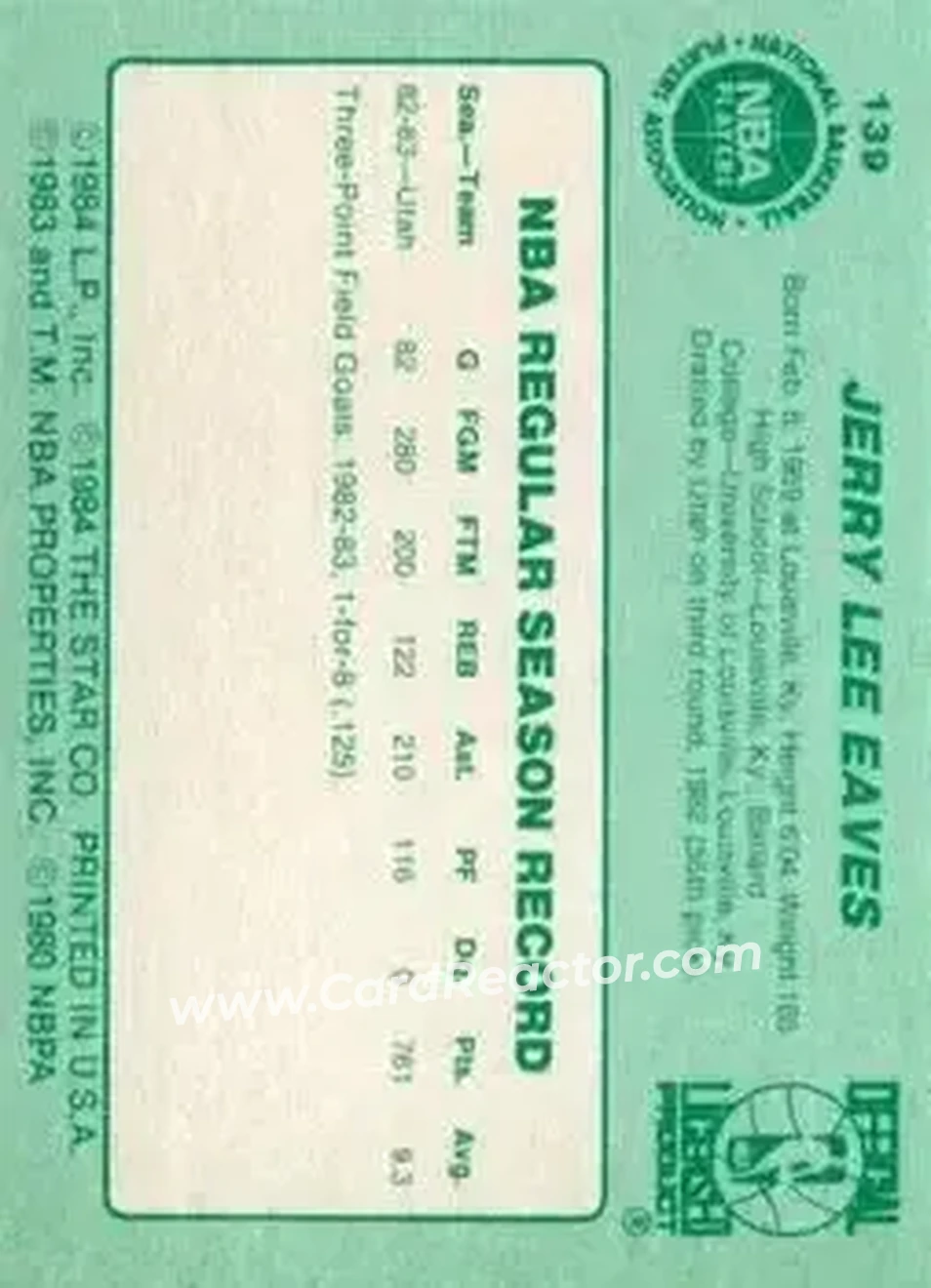 1983-84 Star #139 - Jerry Eaves - Utah Jazz - Back