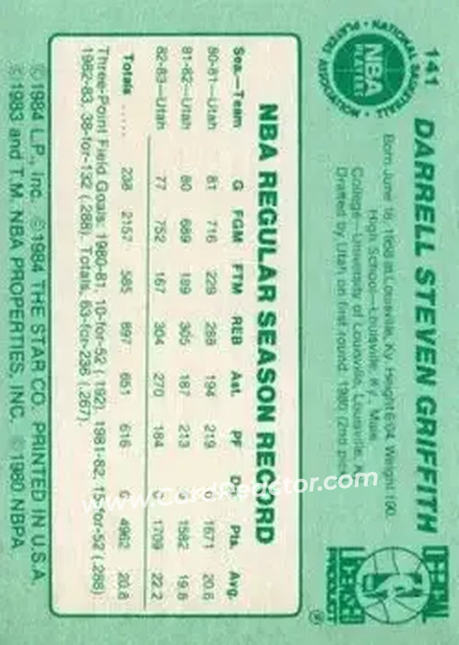 1983-84 Star #141 - Darrell Griffith - Utah Jazz - Back