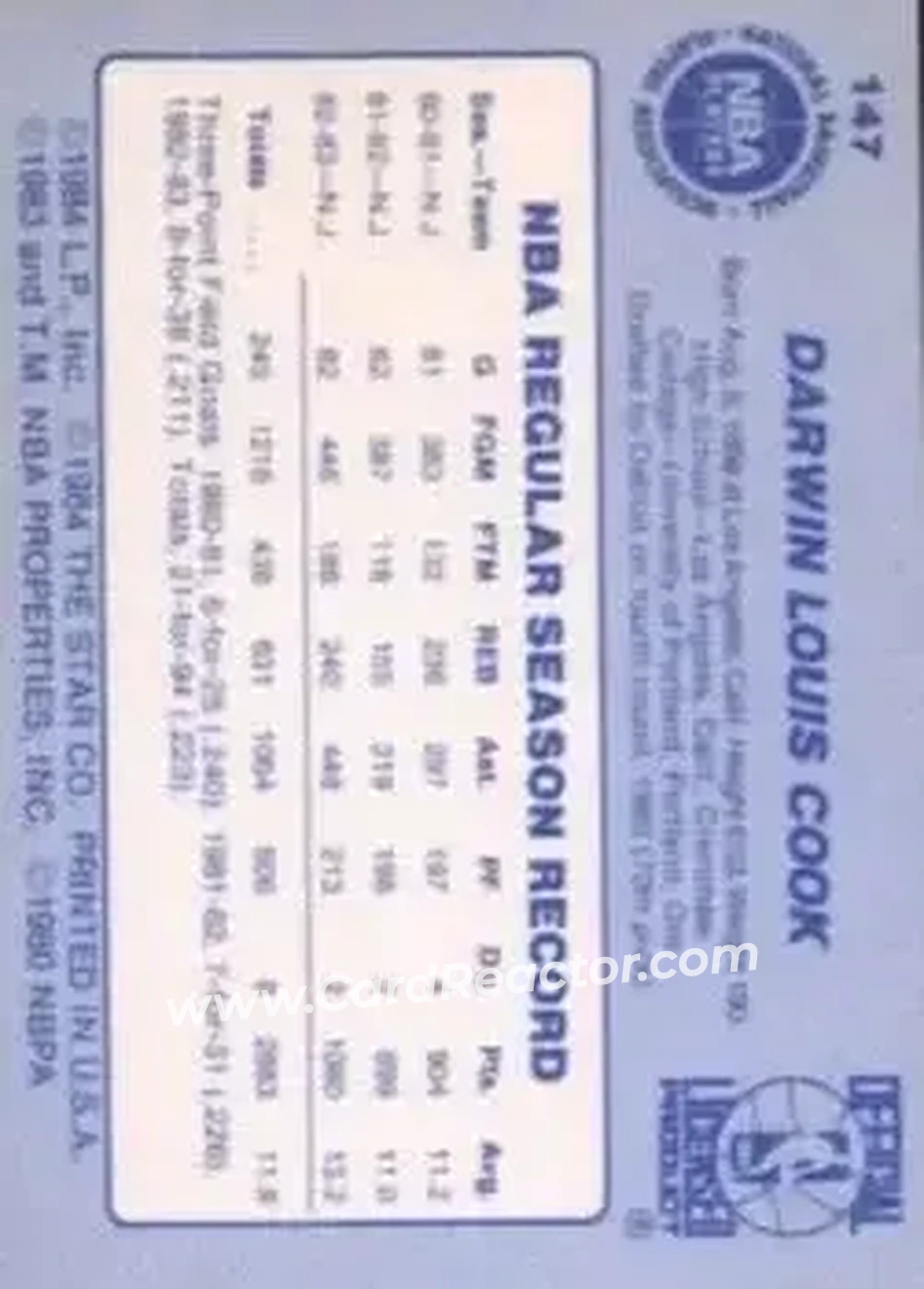 1983-84 Star #147 - Darwin Cook - New Jersey Nets - Back