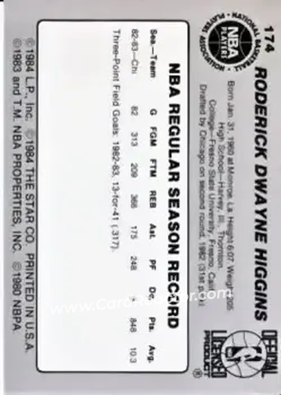 1983-84 Star #174 - Rod Higgins - Chicago Bulls - Back 1983-84 Star #174 - Rod Higgins - Chicago Bulls - Back