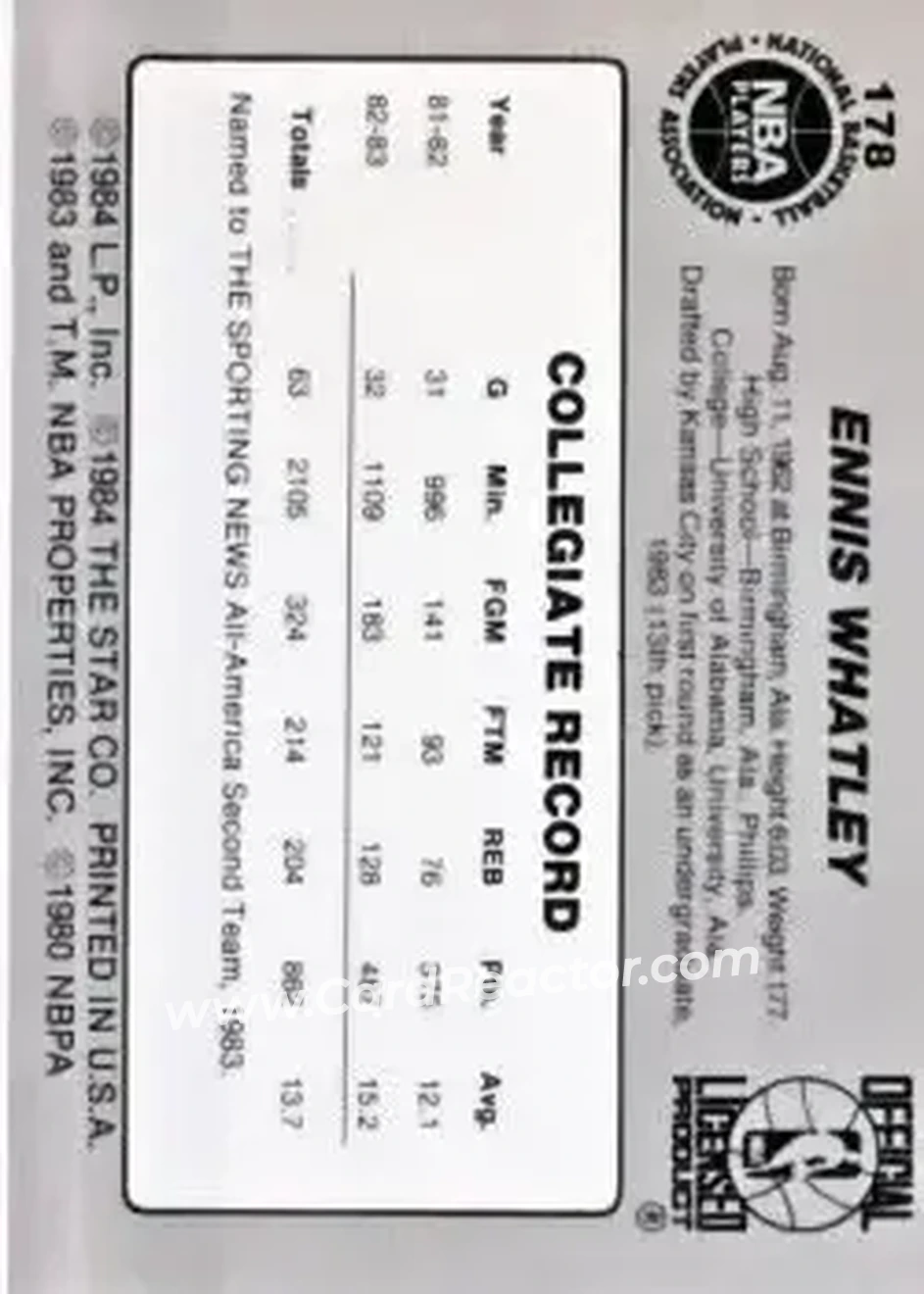 1983-84 Star #178 - Ennis Whatley - Chicago Bulls - Back