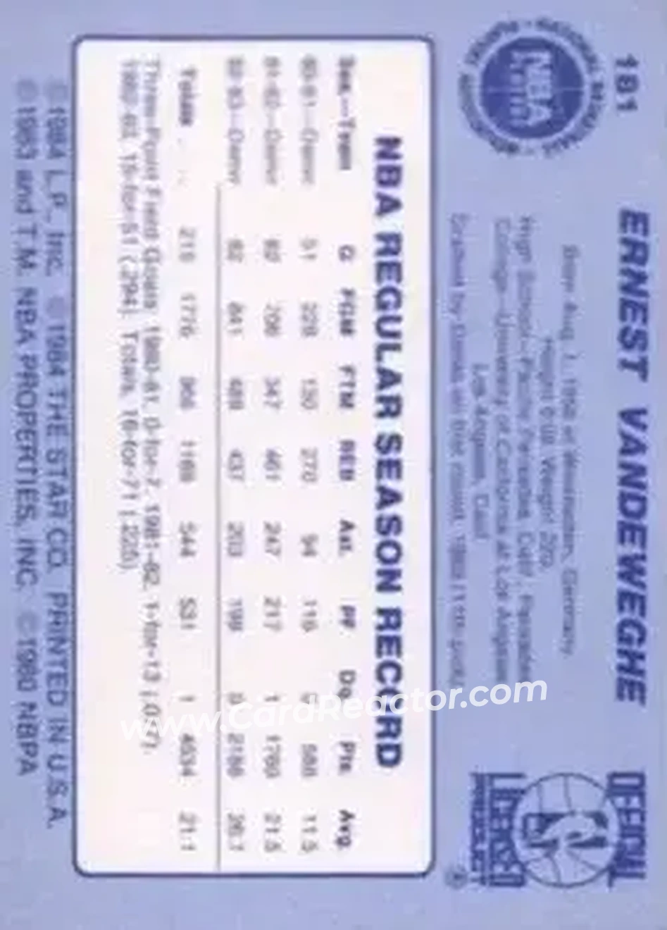 1983-84 Star #181 - Kiki Vandeweghe - Denver Nuggets - Back