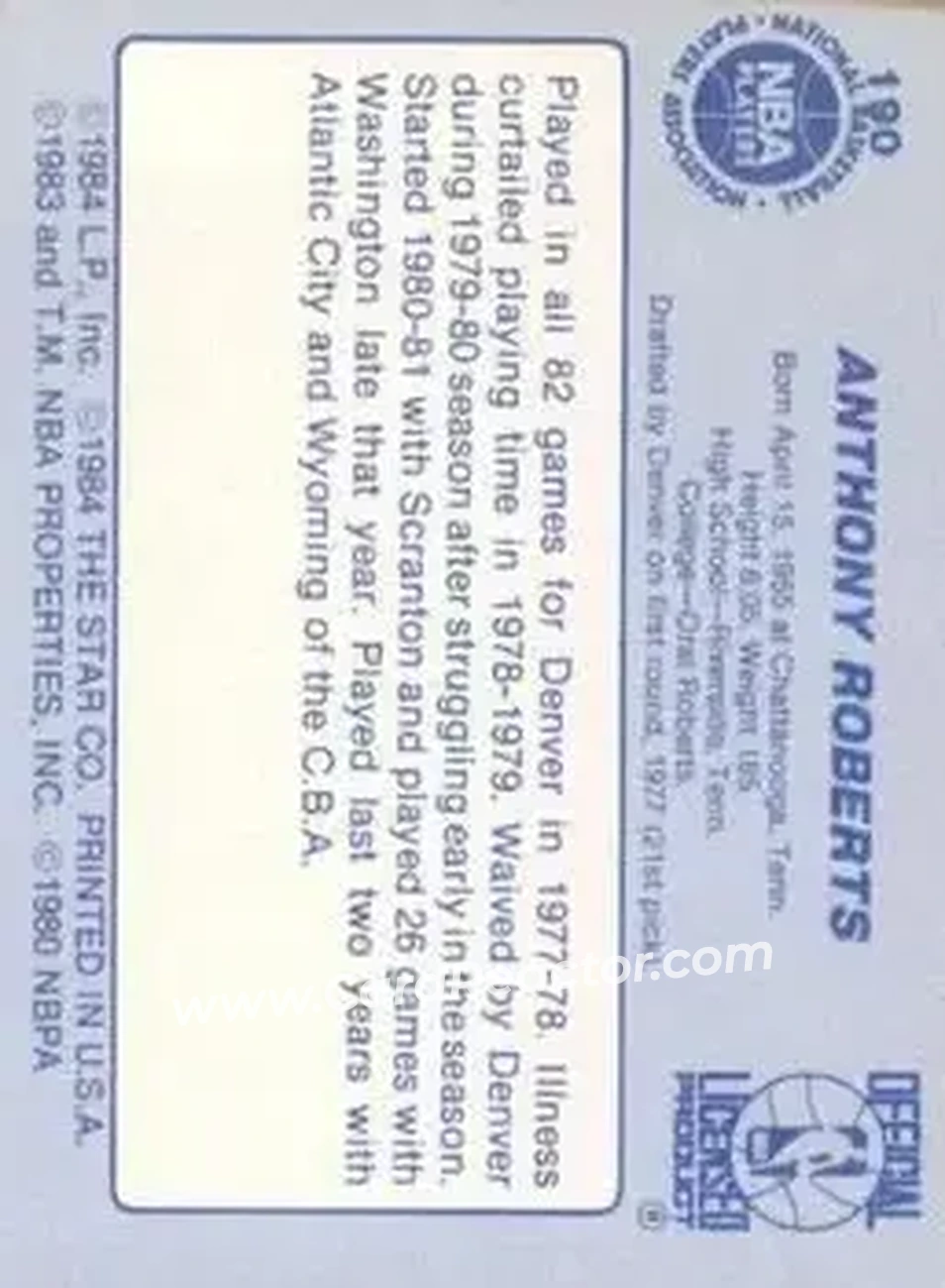 1983-84 Star #190 - Anthony Roberts - Denver Nuggets - Back