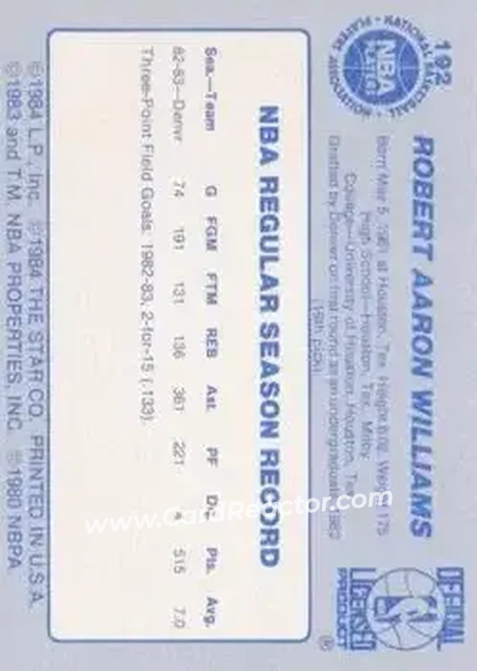 1983-84 Star #192 - Rob Williams - Denver Nuggets - Back