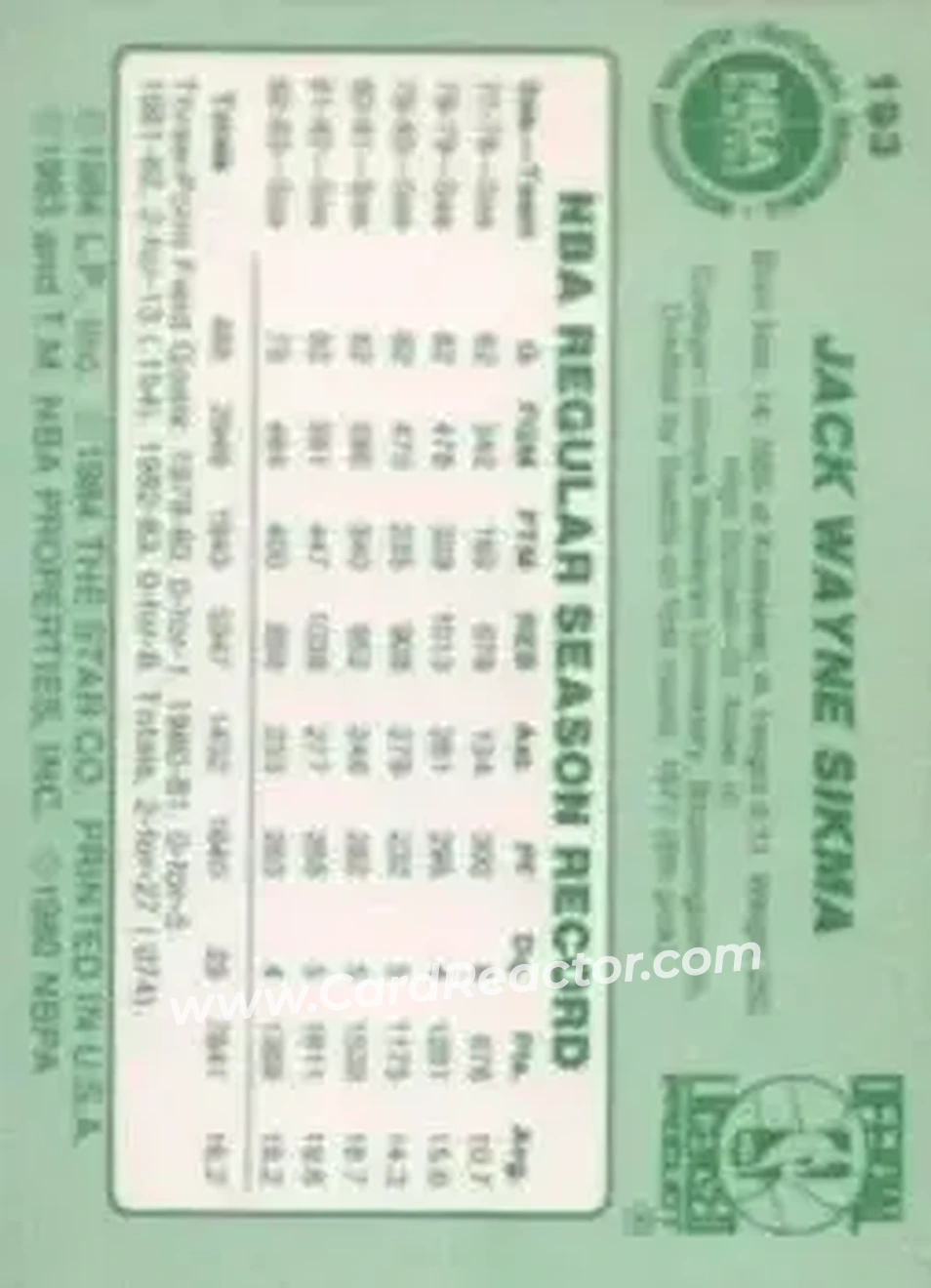 1983-84 Star #193 - Jack Sikma - Seattle SuperSonics - Back