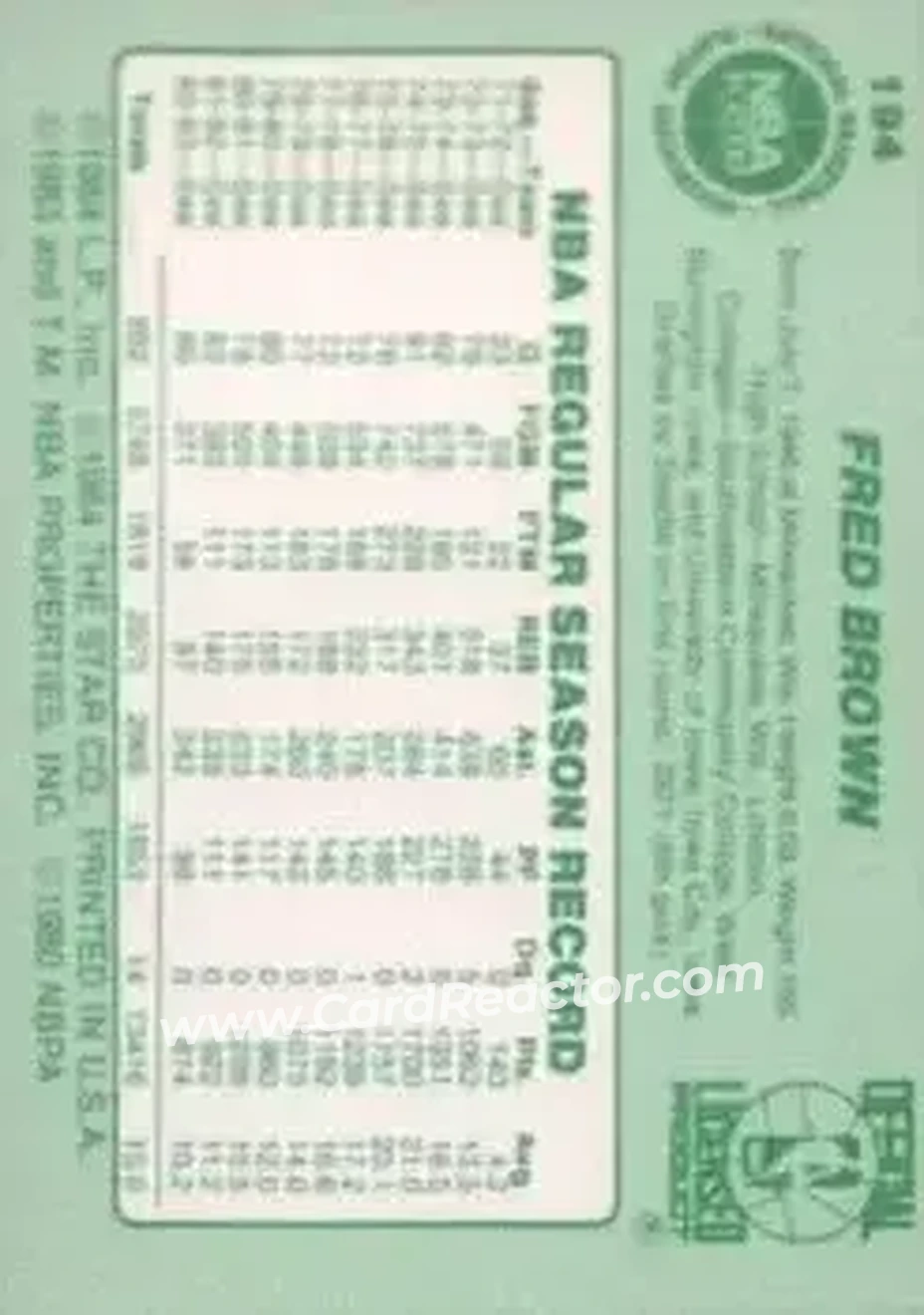 1983-84 Star #194 - Fred Brown - Seattle SuperSonics - Back