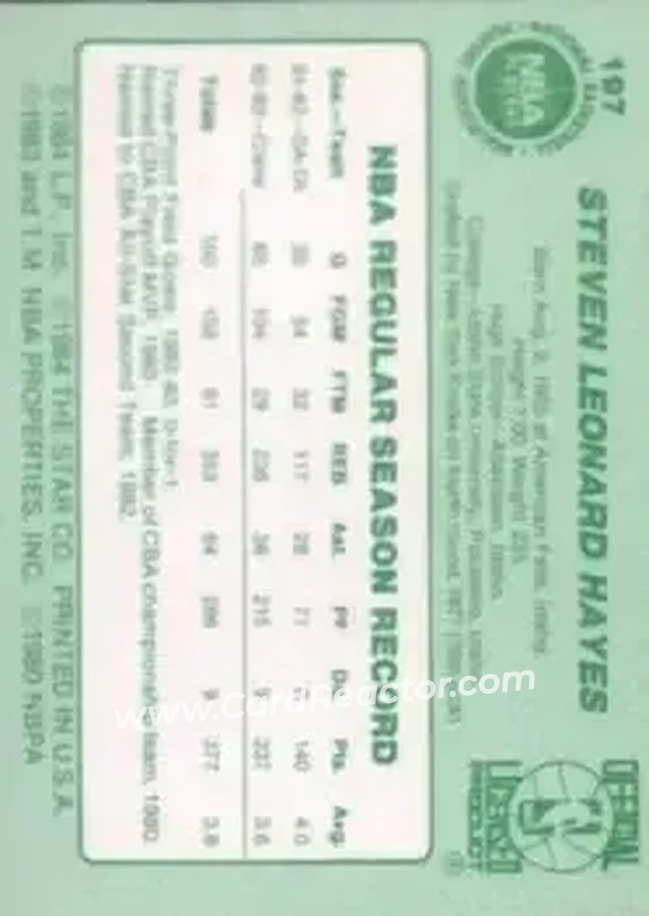 1983-84 Star #197 - Steve Hayes - Seattle SuperSonics - Back