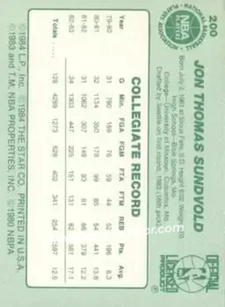 1983-84 Star #200 - Jon Sundvold - Seattle SuperSonics - Back