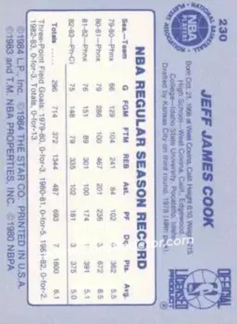 1983-84 Star #230 - Jeff Cook - Cleveland Cavaliers - Back