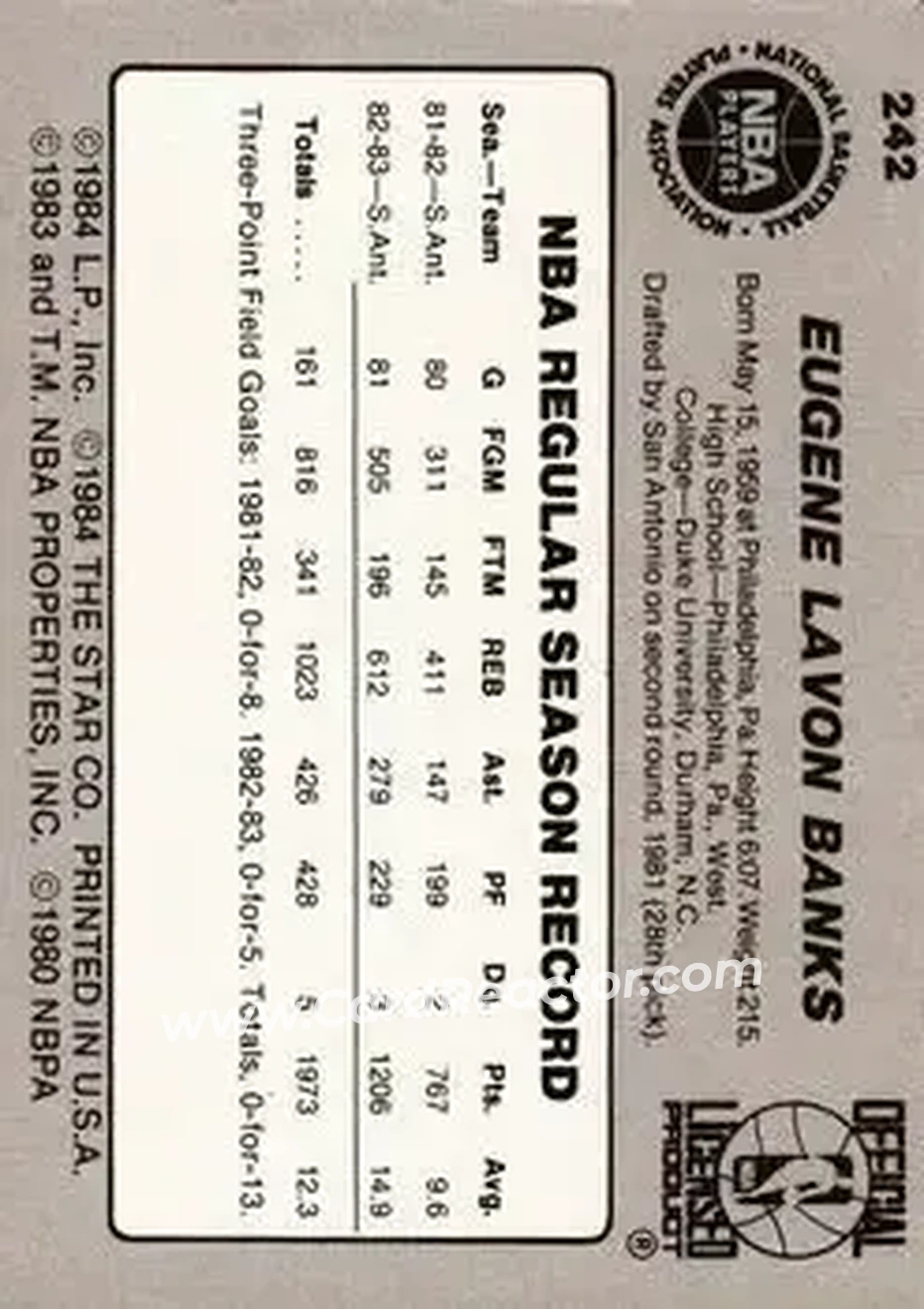 1983-84 Star #242 - Gene Banks - San Antonio Spurs - Back