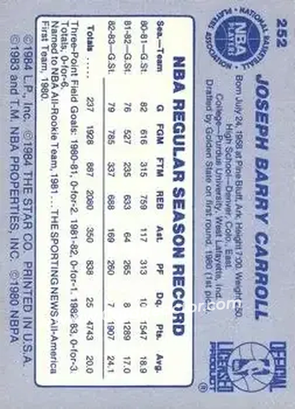1983-84 Star #252 - Joe Barry Carroll - Golden State Warriors - Back