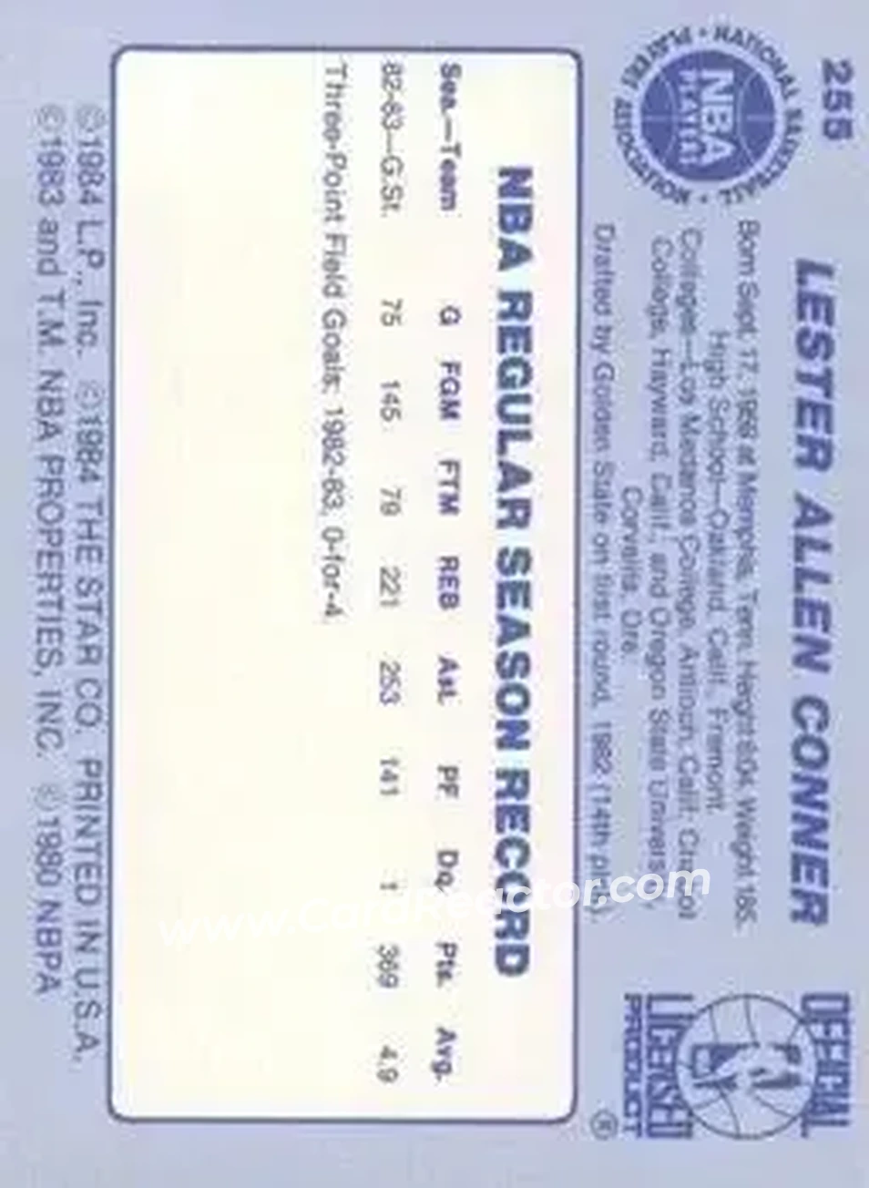 1983-84 Star #255 - Lester Conner - Golden State Warriors - Back