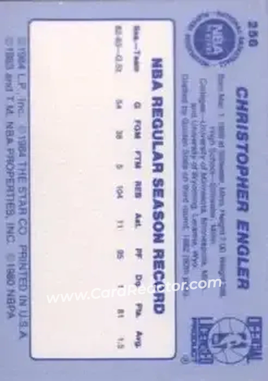 1983-84 Star #256 - Chris Engler - Golden State Warriors - Back