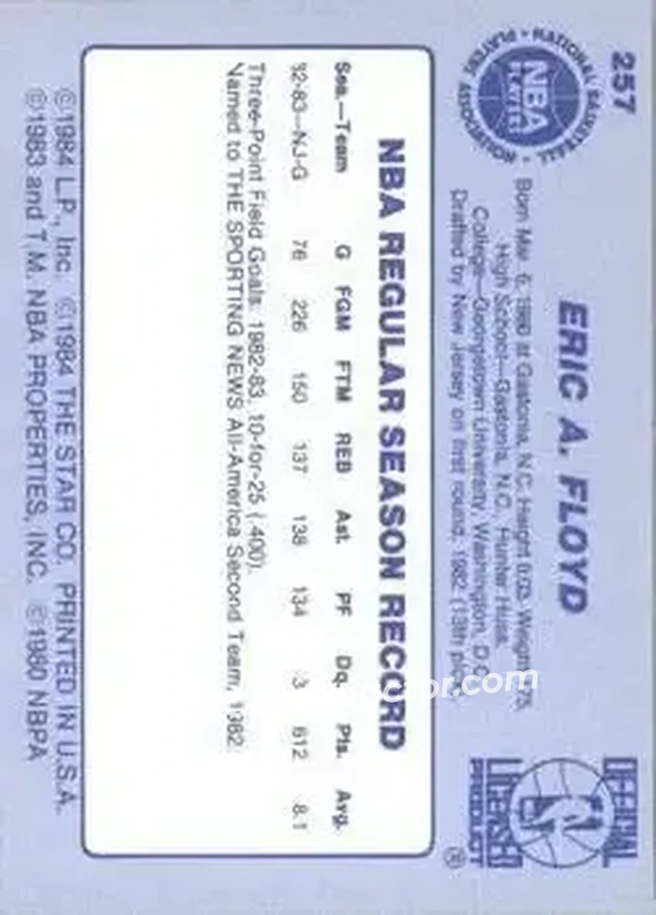 1983-84 Star #257 - Sleepy Floyd - Golden State Warriors - Back