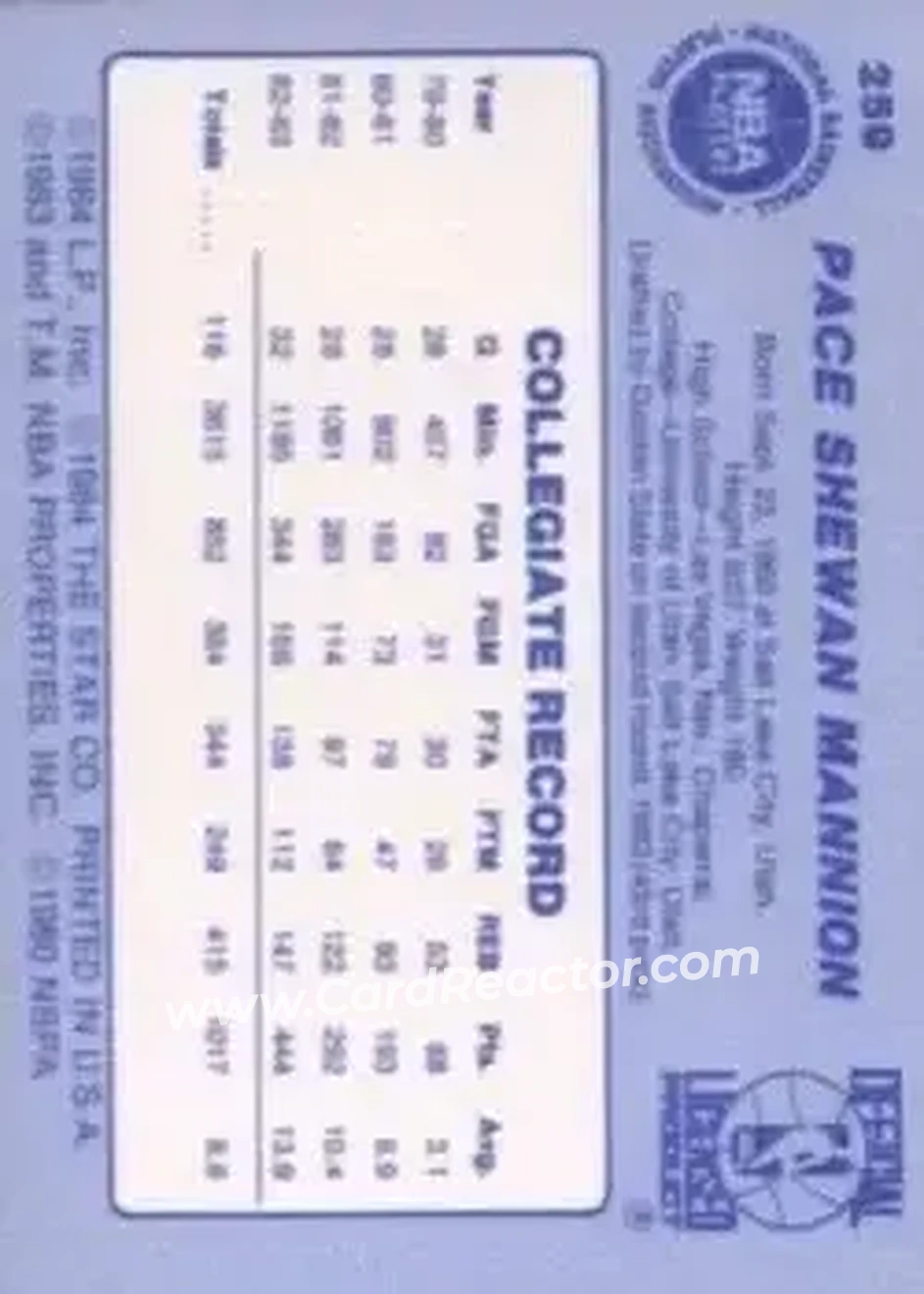 1983-84 Star #259 - Pace Mannion - Golden State Warriors - Back