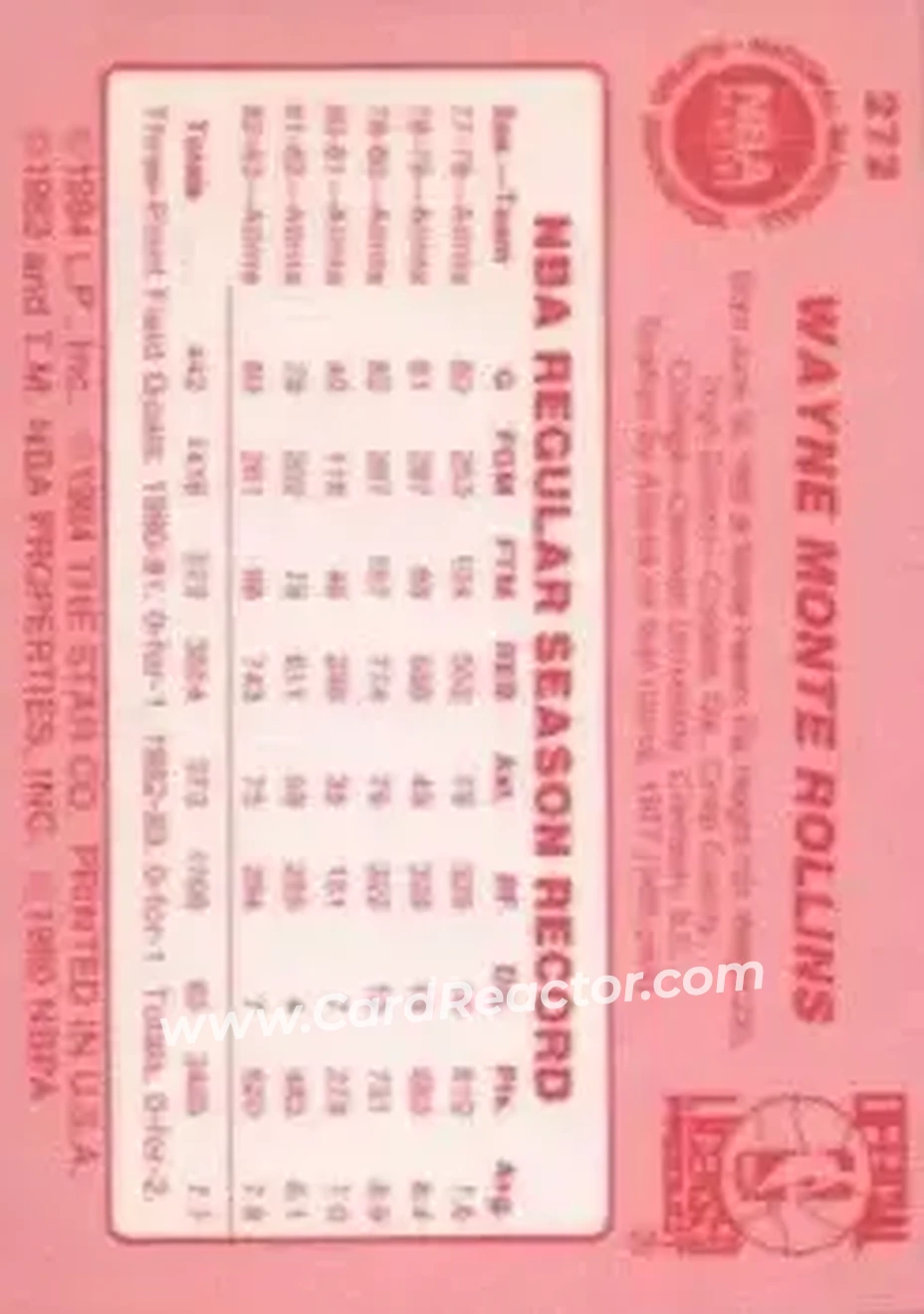 1983-84 Star #272 - Tree Rollins - Atlanta Hawks - Back